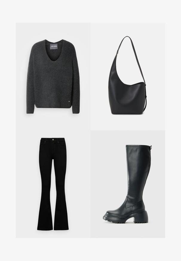 Sötét szürke pulóver, V-nyakkal, puha, texturált anyagból készült. Hosszú ujjakkal rendelkezik, és egy kis logó díszíti az alját.; Fekete, magas derekú farmernadrág gomb- és cipzárzárral, elülső zsebekkel és harangszárral, laposan egy fehér háttérre terítve.; Magas fekete bőrcipő, vastag platform talppal és blokk sarokkal, húzófüllel és texturált profillal az outsole-on.; Fekete bőr hobo táska sima textúrával, ívelt formával és egyetlen állítható pánttal; széles nyílás található a tetején.