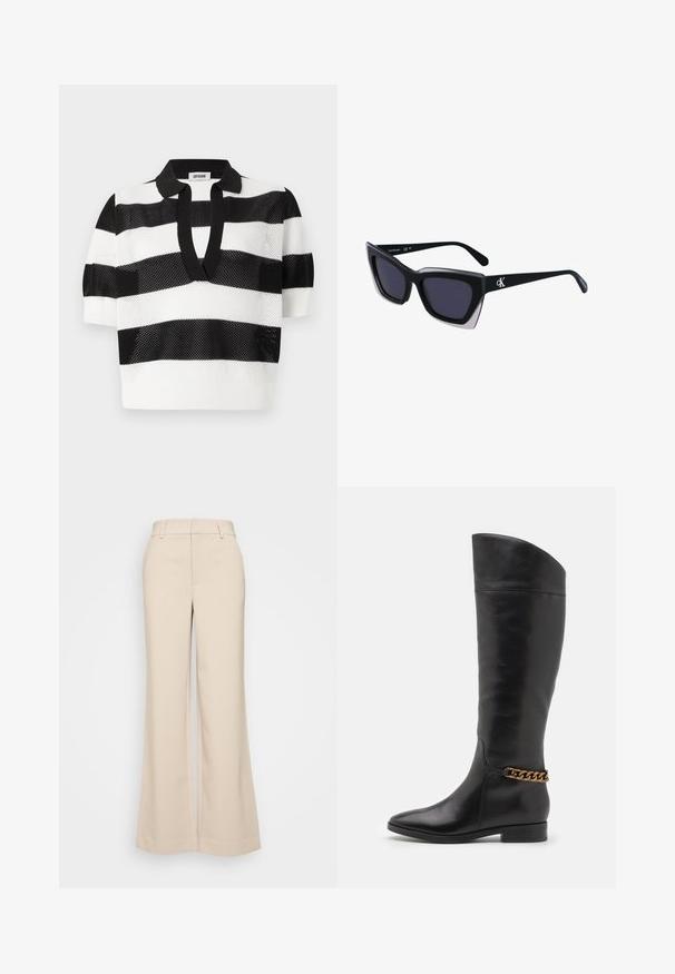Mustat ja valkoiset raidalliset neulepolo paidat, joissa on lyhyet hihat, verkkotekstuurilla ja erottuva musta kaulus.; Beige levelek pantsa, jotka ovat sileätekstuuriset ja joissa on korkea vyötärö sekä kaksi etutaskua. Siisti muotoilu ja istuva malli.; Pitkiä mustista nahkasaappaista, joissa on tyylikäs muotoilu, terävä kärki ja kultaketjuakseli nilkassa. Matala lohko korko. Sujuva pinta.; Mustat ylisuuret aurinkolasit, joissa on geometrinen muoto, tummat linssit ja kehykseen erottuva harmaa yksityiskohta. Logo varressa.