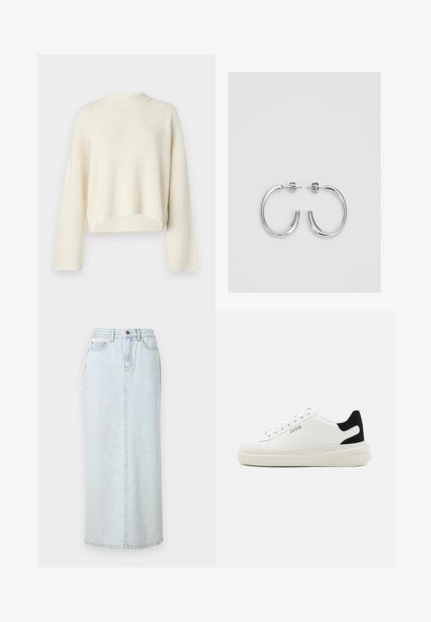 Sweter w kolorze kremowym z prążkowanym okrągłym dekoltem, opuszczonymi ramionami, długimi rękawami i krótkim krój. Miękka dzianinowa tekstura, prosty design.; Jasnoniebieska denimowa spódnica maxi o prostym kroju, z przednim zapięciem na guziki i widocznymi szwami. Posiada dwie przednie kieszenie.; Białe skórzane sneakersy z grubą białą podeszwą, czarnym zamszowym akcentem na pięcie oraz wytłoczonym logotypem z boku. Projekt z sznurówkami i sześcioma dziurkami.; Srebrne kolczyki na biglu o gładkim, błyszczącym wykończeniu. O zaokrąglonym kształcie, lekkim designie, z zamknięciem na zatrzask.