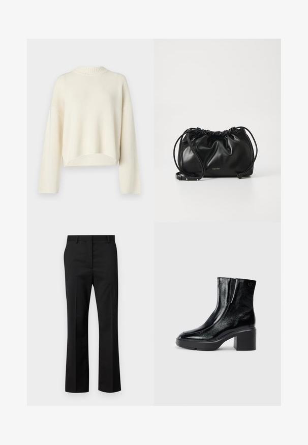 Cremfarbener Pullover mit geripptem Rundhalsausschnitt, überschnittenen Schultern, langen Ärmeln und kurz geschnittenem Saum. Weiche Stricktextur, schlichtes Design.; Schwarze maßgeschneiderte Hose mit geradem Bein. Hergestellt aus einem glatten Stoff, mit flacher Vorderseite und standardmäßigem Bund mit Gürtelschlaufen.; Schwarze Lackleder-Stiefeletten mit einer geschwungenen Zehenpartie, elastischen Seiteneinsätzen und einem klobigen Blockabsatz. Mit geprägtem Logo auf der Rückseite.; Schwarze Lederhandtasche mit gerafftem Design, doppeltem Kordelzugverschluss und abnehmbarem Schulterriemen. Mit metallic Logo-Details.