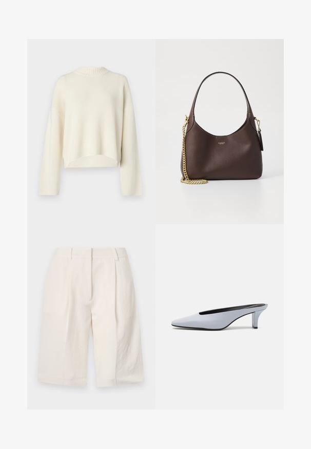 Roomkleurige sweater met een geribbelde ronde halslijn, drop shoulders, lange mouwen en een cropped zoom. Zachte brei textuur, eenvoudig ontwerp.; Witte linnen shorts met een op maat gemaakt ontwerp, geplooide voorkant en wijdere beenopeningen. Gladde textuur en lengte tot halverwege de dij.; Lichtblauwe patentleren mule met een spitse neus, een lage doorzichtige hak, en een strak ontwerp met een uitsparing bij de vamp.; COACH BROOKLYN SHOULDER BAG 23 - Handtas - maple