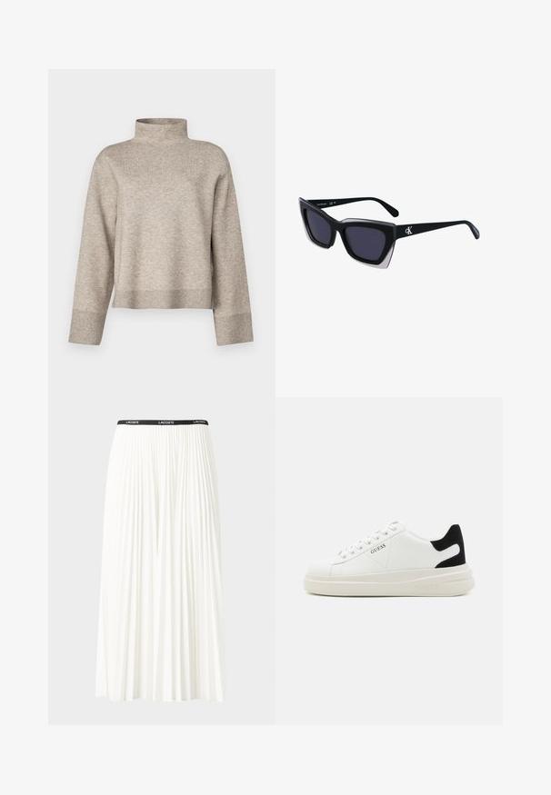 Beżowy sweter z golfem, wykonany z miękkiej, dzianinowej tkaniny. Charakteryzuje się skróconym krojem, długimi rękawami oraz ściągaczami przy mankietach i u dołu.; Plisowana biała spódnica z czarnym elastycznym pasem z logo "LACOSTE". Średniej długości, o miękkiej teksturze.; Białe skórzane sneakersy z grubą białą podeszwą, czarnym zamszowym akcentem na pięcie oraz wytłoczonym logotypem z boku. Projekt z sznurówkami i sześcioma dziurkami.; Czarne, oversize okulary przeciwsłoneczne o geometrycznym kształcie, z ciemnymi soczewkami i kontrastującym szarym detalem na oprawie. Logo na ramieniu.
