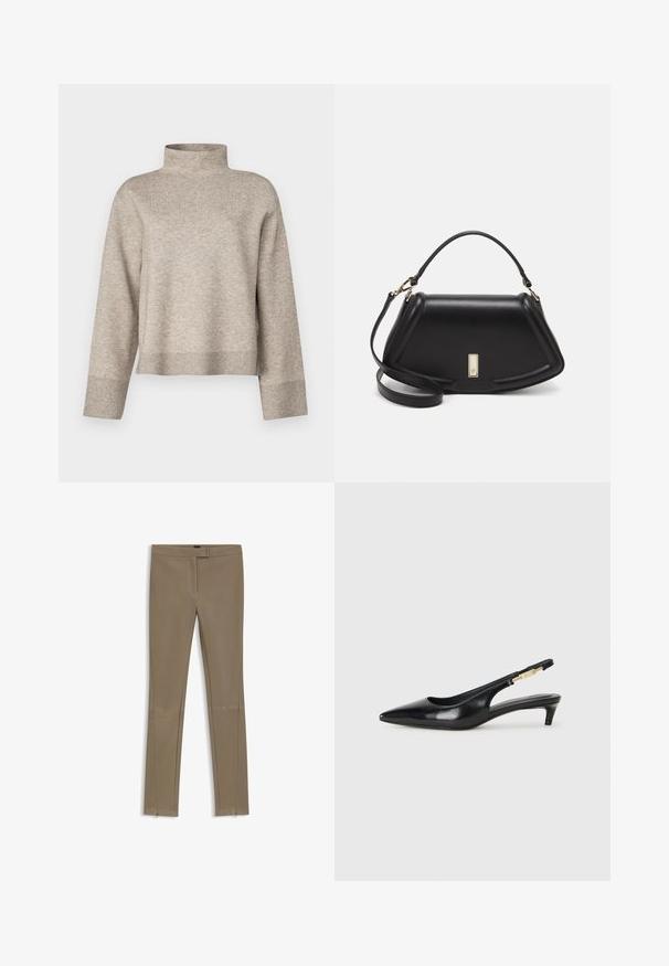 Maglione beige a collo alto realizzato in un morbido tessuto lavorato a maglia. Presenta un design Cropped, maniche lunghe e polsini e orlo a coste.; Pantaloni elasticizzati beige con una vestibilità slim, caratterizzati da una texture liscia, dettagli con cerniera alla caviglia e una vita a media altezza.; Tacchi slingback in pelle nera con punta affusolata, caratterizzati da un tacco alto e un accento dorato sulla cinghia regolabile. Texture liscia.; Borsa a mano in pelle nera con un design strutturato, caratterizzata da una forma corta, manico superiore e accessori in metallo dorato. Inclusa tracolla regolabile.