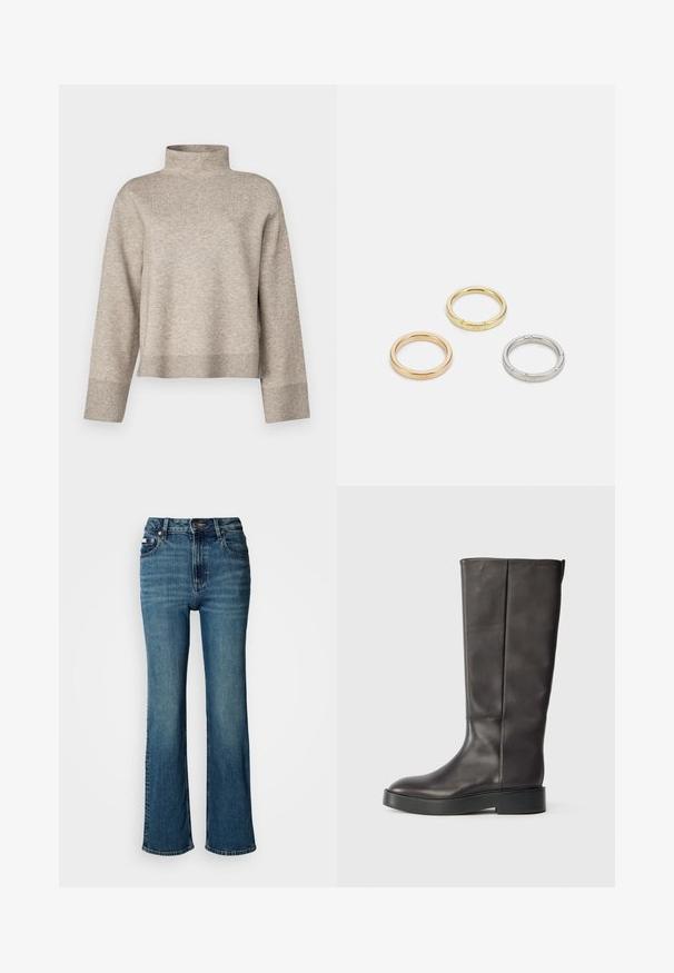 Bež pulover z visokim ovratnikom, izdelan iz mehkega pletenega blaga. Ima skrajšano zasnovo, dolge rokave ter rebraste manšete in spodnji rob.; Visoko pasne modre jeans hlače iz denima, s straight leg dizajnom, rahlim bledenjem in standardnim gumbom ter zadrgo.; Črne usnjene gležnjarje do kolen z debelim podplatom in diskretnim logotipom Calvin Klein blizu zgornjega roba, prikazane s strani.; Trije kovinski prstani: eden rožnato zlati, eden zlat z teksturiranimi detajli in eden srebrn, vsi z vgraviranim logotipom na notranji strani.