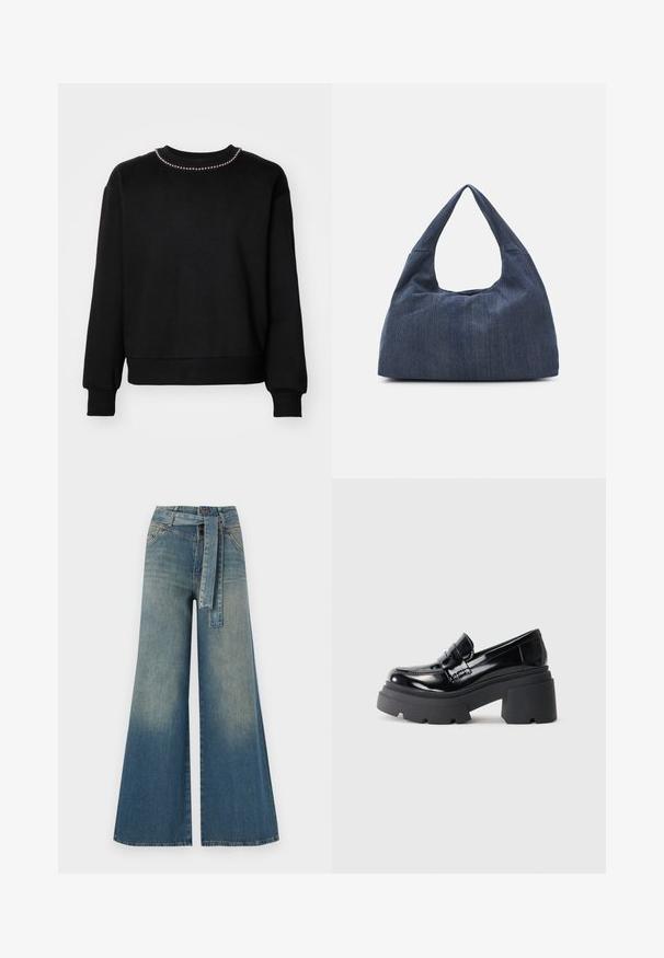 Felpa nera con scollatura a girocollo, maniche lunghe, polsini e orlo a coste. Presenta una fila di piccole perle decorative lungo il collo.; Pantaloni in denim a gamba larga con una sfumatura che va dal blu chiaro al blu scuro, vita alta, passanti per cintura e una cintura in tessuto coordinato. Finitura in denim strutturato.; Mocassini a piattaforma in pelle verniciata nera con suola in gomma spessa, caratterizzati da una parte anteriore in stile mocassino e da una larga fascia decorativa sulla parte superiore.; Borsa in denim blu scuro con una forma morbida e flessibile, caratterizzata da un manico in stile hobo e una superficie testurizzata. Senza accenti hardware visibili.