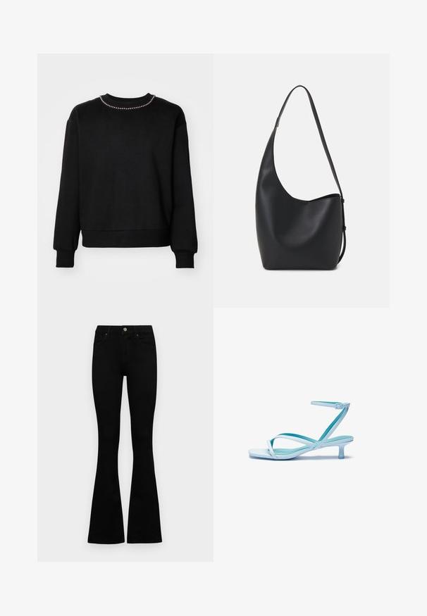 Must värvi dressipluus ümmarguse kaeluse, pikkade varrukate, soonikute ja hemiga. Kaeluse ääres on rida väikeseid dekoratiivpärlheli.; Mustad kõrge vöökohtadega teksad, millel on nööp ja lukuga sulgemine, esikäe taskud ja laienevad sääred, asetatud tasasele valgele taustale.; Heledad sinised rihmaga jalatsid, millel on ruudukujuline varvas, madal konts, reguleeritav pahkluu rihm ja sile, läikiv viimistlus. Risti rihmad jalatsipadjal.; Mustast nahast hobo kott, millel on sile tekstuur, kumer kuju ja üks reguleeritav rihm; peal on lai avaus.