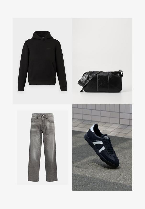 Haut à capuche noir avec poche kangourou sur le devant, manches longues et un petit détail de couture horizontale sur le côté gauche de la poitrine, sur fond blanc.; T-shirt en coton crème à manches courtes et col rond. Présente un imprimé graphique en bleu et rouge avec du texte et un motif.; Jean en denim gris avec une coupe ample, présentant des détails d'effritement et de décoloration, un design classique à cinq poches et une fermeture par bouton.; Sneaker en cuir noir avec des rayures blanches, semelle en caoutchouc texturée et devant à lacets. Présente une étiquette de marque sur la languette.; Sac à épaule en cuir noir avec une fermeture éclair, doté d'un corps texturé, de coutures blanches et d'une sangle avec des œillets en argent.