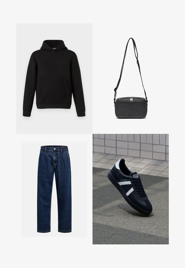 Black hoodie with front kangaroo pocket, long sleeves, and a small horizontal seam detail on the left chest against a white background.; Dark blue denim jeans with a straight-leg design. Features visible stitching, a button closure, and front pleats for added detail.; Black leather sneaker with white stripes, textured rubber sole, and lace-up front. Features a branded label on the tongue.; Black leather crossbody bag with a zip closure, embossed logo on the front, and adjustable strap. Smooth texture with a rectangular shape.