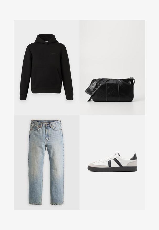 Mustat hupparit, joissa on etulaukku, pitkät hihat ja pieni vaakasauma vasemmassa rinnassa valkoista taustaa vasten.; Vaaleansininen farkut, joissa on korkea vyötärö, etunappi, vetoketju ja viisi taskua, asetettu tasaisesti neutraalille taustalle.; Valkoiset lenkkarit mustilla ja harmailla yksityiskohdilla, joissa on teksturoitu harmaa kärki, musta kumipohja ja litteät valkoiset nauhat. Siisti muotoilu, minimalistinen tyyli.; Mustakulmainen nahkainen olkalaukku, jossa on vetoketjukiinnitys, teksturoitu pinta, valkoiset ompeleet ja hihna, jossa on hopeiset niitit.
