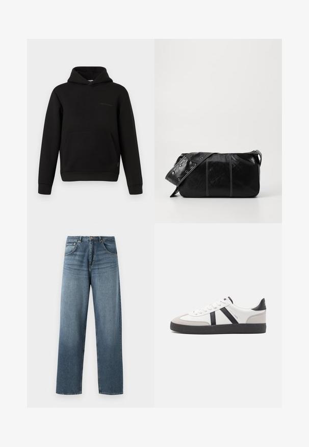 Sudadera negra con bolsillo canguro frontal, mangas largas y un pequeño detalle de costura horizontal en el lado izquierdo del pecho sobre un fondo blanco.; Jeans de mezclilla azul de pierna recta con un lavado desgastado, que cuentan con un diseño de cinco bolsillos, botón de metal y presillas para cinturón. Tejido estructurado y de peso medio.; Zapatilla blanca con acentos en negro y gris, que presenta una puntera texturizada en gris, suela de goma negra y cordones planos blancos. Diseño limpio, estilo minimalista.; Bolso de hombro de cuero negro con cierre de cremallera, que presenta un cuerpo texturizado, costuras blancas y una correa con ojales plateados.