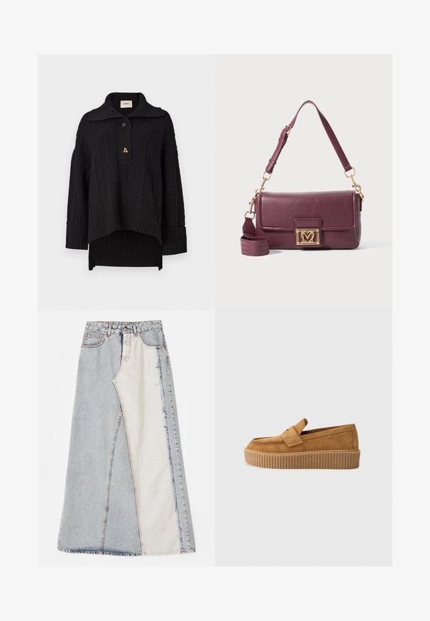 Melns adīts pulovers ar teksturētu rakstu, augstu apkakli un pogu aizdari. Ribināti piedurkņu gali un apakša, papildināti ar trīsstūra zelta akcentu.; Džinsu svārki ar aplicējumu dizainu, kas sastāv no gaiši un vidēji zilo daļu, ar nodilušiem malām un augsto jostu. Klasiskā piecu kabatu stilā.; Brūni zamšādas loafers ar apaļu purngalu, ar ribotu platformas zoli un dekoratīvu siksnu pāri augšdaļai.; Tumši purpursarkans ādas plecu soma ar zelta sirds formas sprādzi un regulējamu augšējo siksniņu uz balta fona.