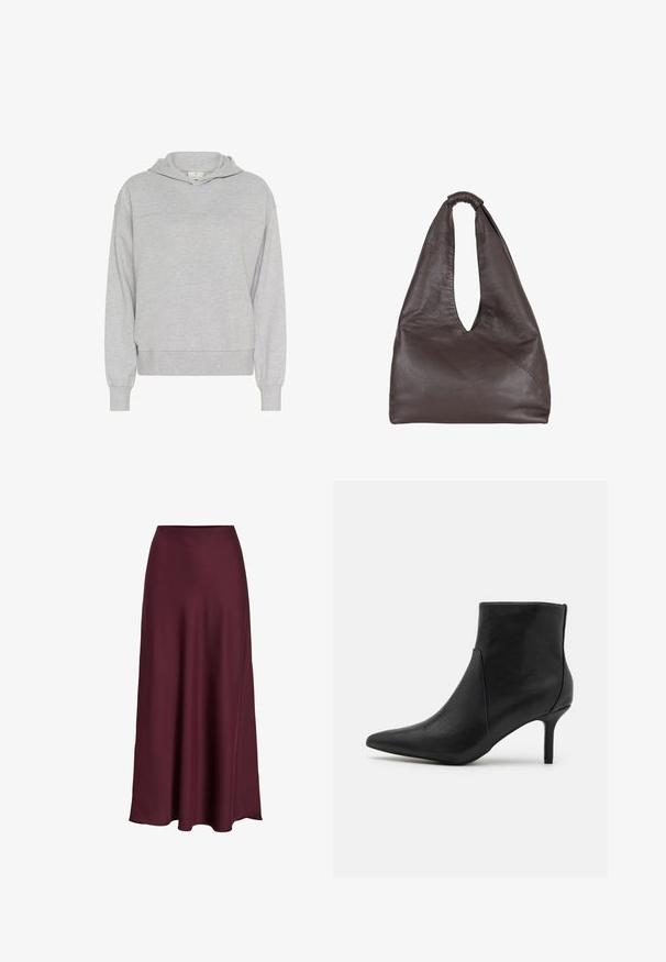 Kaffe LIV - Huppari - grey melange; Valkoinen lyhythihainen t-paita, joka on valmistettu puuvillasta. Pyöreä pääntie ja rento malli. Sujuva pinta ilman näkyviä kuvioita tai koristeita.; Burgundy satiini maksihame, jossa on sileä tekstiili, korkea vyötärö ja virtaava siluetti, joka laajenee lempeästi helmaan.; Anna Field Nilkkurit - black; Ruskea nahkabag, jossa on roikkumaiseen ja ylisuureen tyyliin. Varustettu silmukkakahvalla ja syvällä V-leikkausaukolla helppoa pääsyä varten. Pehmeä rakenne, minimalistinen tyyli.