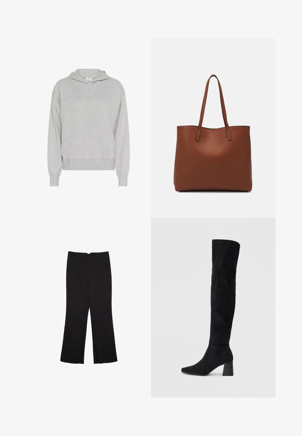 Kaffe LIV - Hættetrøje - grey melange; Sorte bukser med lige pasform, der har frontlommer og slidser i kanten. Lavet af blødt, glat stof. Velegnet til forskellige anledninger.; Sorte ruskind støvler i knæhøjde med blokheel, spids tå og glat, sømløs design på en enkel lys baggrund.; Brun læder tote taske med en glat overflade, åben topdesign og to skulderremme. Har minimal syning og ingen synlig hardware.