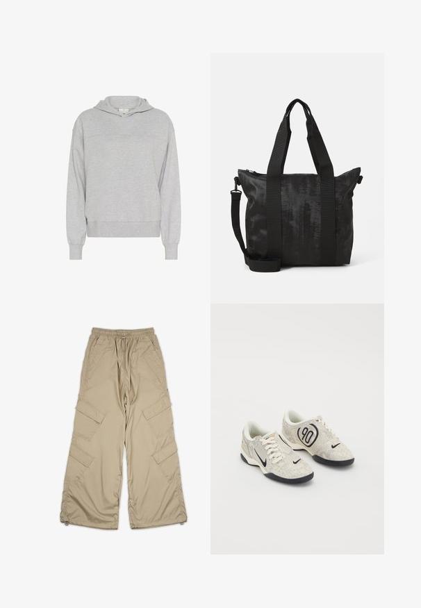 Kaffe LIV - Felpa con cappuccio - grey melange; Pantaloni cargo beige con vita regolabile tramite cordino, multiple tasche laterali e vestibilità rilassata. Realizzati in un tessuto leggero e morbido con dettagli di cucitura.; Sneakers Nike con una parte superiore testurizzata beige e grigia, dettagli neri, un grande logo "90" e una chiusura con lacci bianchi. Suola nera.; Borsa tote nera con tessuto texturizzato, doppi manici superiori e tracolla rimovibile. Presenta una chiusura con zip per una conservazione sicura.