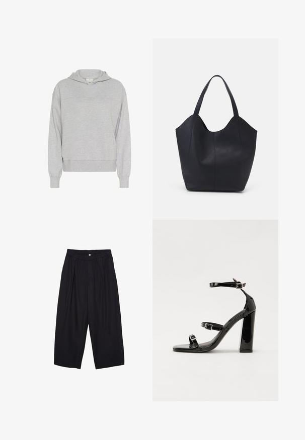 Kaffe LIV - Majica s kapuljačom - grey melange; Crne poliester hlače culotte s elastičnim pojasom, dva prednja nabora i širokim krojem. Nema vidljivih uzoraka ili metalnih detalja.; Crne lakirane sandale na pete sa kvadratnim nosom, trakama oko gležnja i srebrnim kopčama. Imaju čvrst blok petu za stabilnost.; Crna torba od glatke kože, s zakrivljenim otvorenim vrhom, dva remena za rame i minimalističkim dizajnom.