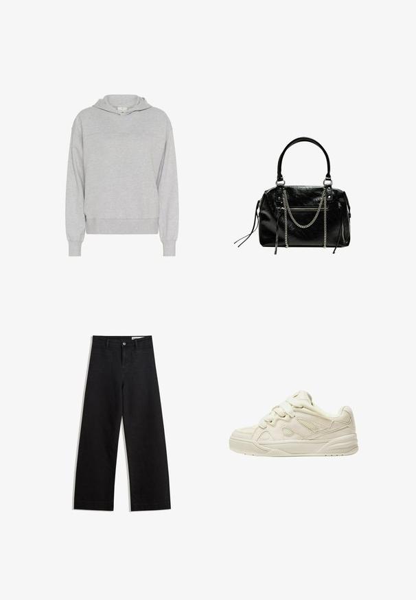 Kaffe LIV - Hoodie - grey melange; Zwarte denim broek met wijde pijpen en een hoge taille, voorzien van voor- en achterzakken, gestikte naden en een knoopsluiting. Gladde textuur.; Beige sneakers met een gestructureerd bovenwerk, opvallende veters, meshpanelen en een dikke zool. Gebogen ontwerp met een gepolsterde kraag voor comfort.; Bershka WITH CHAIN - Handtas - black