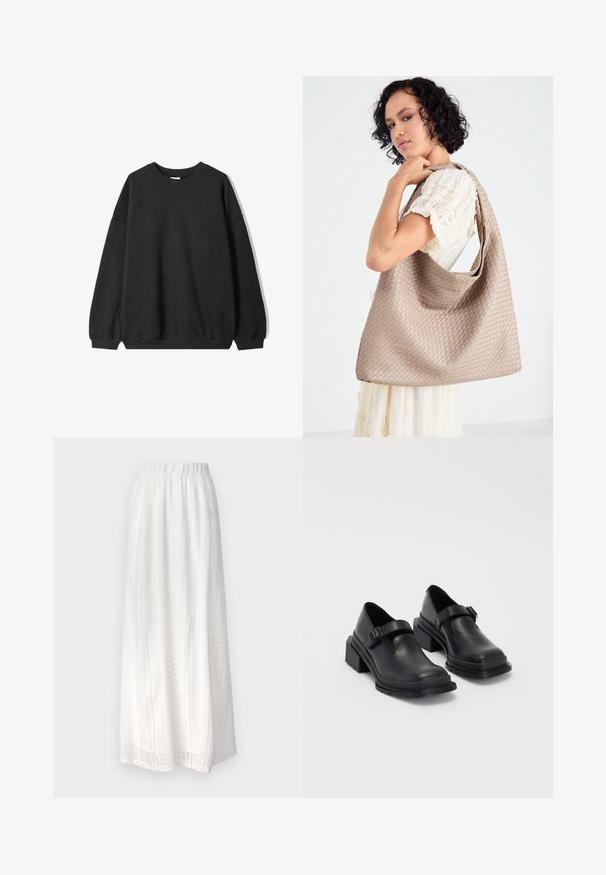 Fekete, oversized pulóver, kerek nyakkal és hosszú ujjakkal, fehér háttér előtt bemutatva. Egyszerű és laza dizájn.; Fehér maxi szoknya textúrált anyagból, kivágott mintákkal, gumírozott derékkal és könnyed, lebegő fazonnal.; Fekete bőr cipők lekerekített orral, lapos talppal és csattal díszített pánttal. Masszív blokk talp a megnövelt stabilitásért.; Szőtt bézs tote táska laza kialakítással és egyetlen vállpánttal. A felületén textúrált minta található.