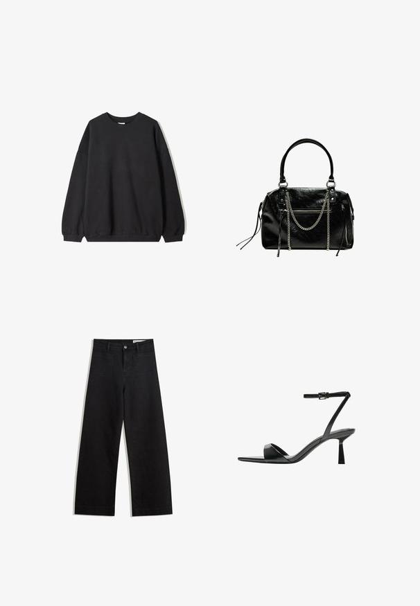 Zwarte oversized sweatshirt met een ronde hals en lange mouwen, weergegeven tegen een witte achtergrond. Eenvoudig en casual ontwerp.; Zwarte denim broek met wijde pijpen en een hoge taille, voorzien van voor- en achterzakken, gestikte naden en een knoopsluiting. Gladde textuur.; Bershka Sandalen met hoge hak - black; Bershka WITH CHAIN - Handtas - black