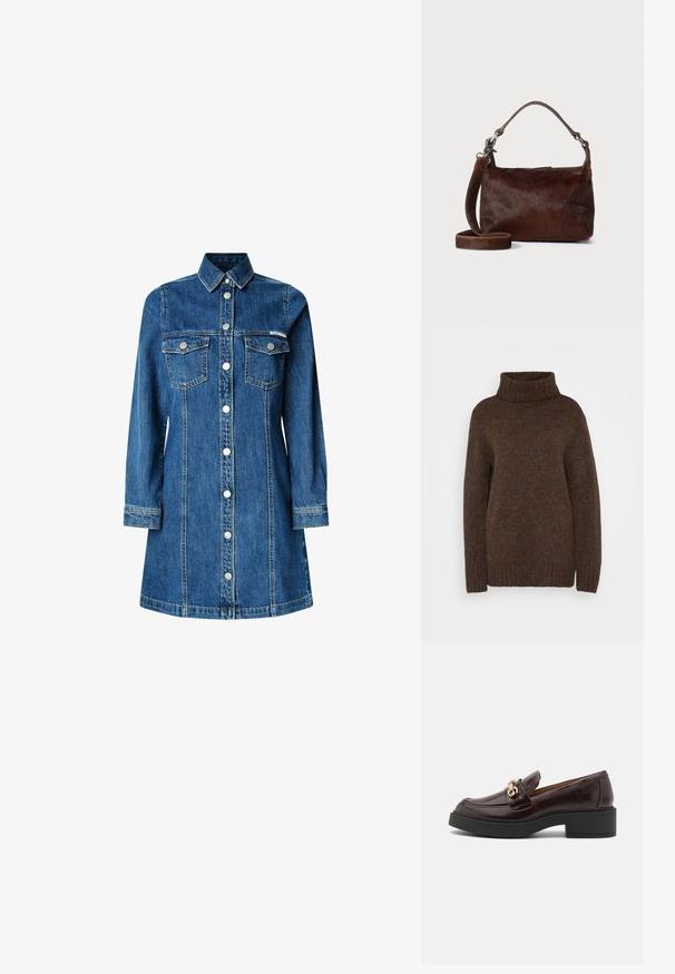 Brūns adīts džemperis ar augstu ribotu turtleneku, brīvu piegriezumu un teksturētu audumu ar smalkiem daudzkrāsainiem punktiņiem.; Denim krekls-kleita, garas piedurknes, ar pogām aizdara priekšpusi, divas krūšu kabatas, klasiskā apkakle, vidēji zila krāsa un gaišas šuvju detaļas.; Brūni ādas loaferi ar zelta akcentu sprādzi, melnu bloku papēdi un gludu tekstūru. Sānu skats izceļ noapaļoto purngalu un šūšanas detaļas.; Brūnas ādas soma ar mīkstu, teksturētu kažokādas līdzīgu virsmu, plānu dizainu, īsu rokturi un noņemamu siksnu.