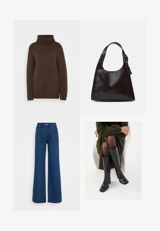 Hnědý pletený svetr s vysokým ribovaným rolákem, volným střihem a texturovanou tkaninou s jemnými multibarevnými fleky po celém povrchu.; Široké modré džínové kalhoty s vysokým pasem, zapínáním na knoflík a zip, a předními a zadními kapsami na jednobarevném pozadí.; Černé kožené boty po kolena s hranatou špičkou a blokovým podpatkem, předvedené na modelce sedící v olivově zeleném kabátu. Hladký povrch, minimalizované detaily.; Hnědá kožená taška přes rameno s hladkou texturou, zaobleným tvarem, širokým popruhem a kulatým kovovým akcentem na rukojeti.