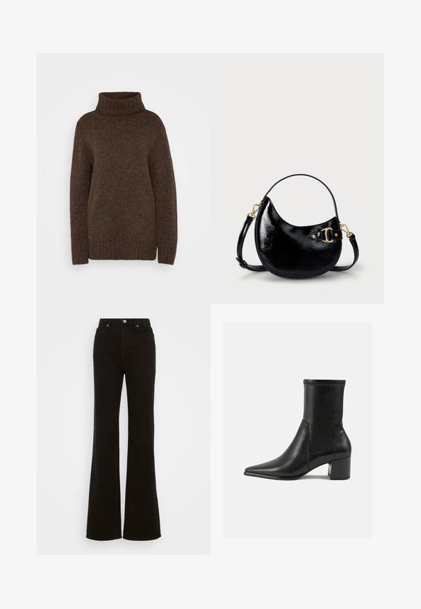 Hnědý pletený svetr s vysokým ribovaným rolákem, volným střihem a texturovanou tkaninou s jemnými multibarevnými fleky po celém povrchu.; Černé riflové džíny se zvýšeným pasem a rozšířenými nohavicemi, vyrobené z denimu, s knoflíkovým zapínáním, bočními kapsami a hladkým povrchem.; Černé kožené kotníkové boty s hladkým povrchem, špičatou špičkou, blokovým podpatkem a výrazným vyvýšeným šitím na horním okraji.; Černá lakovaná kabelka s zakřiveným tvarem, nastavitelným popruhem a zlatými detaily na boku. Hladký, lesklý povrch.