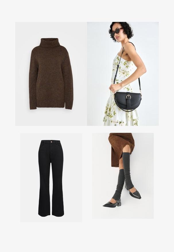 Brown knit sweater with a high ribbed turtleneck, loose fit, and textured fabric featuring subtle multicolored flecks throughout.; Black high-waisted flared jeans made of denim, featuring traditional pockets and a front button closure. Smooth texture and consistent color.; Black patent leather pointed-toe shoes with a block heel and ankle strap, paired with gray ribbed leg warmers and a brown suede skirt.; Black leather handbag with a curved shape, detachable strap, and gold hardware. The bag features a flap with a buckle detail.