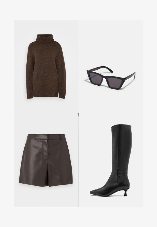 Rjava pletena pulover s visokim rebrastim ovratnikom, ohlapnim krojem in teksturiranim materialom, ki ima subtilne večbarvne pege po celotni površini.; Marron usnjeni šorti z gladko teksturo, s sprednjim šivom, zankami za pas in dvema stranskima žepoma. Oblikovani za prilegajočo silhueto.; Zign Škornji - black; Črne, angularne sončne očala z sivimi lečami; izdelana iz plastike, imajo debele ročke z gladko površino in brez vidne opreme.; Rjava usnjena torbica z dvema trdnima ročkama, pravokotne oblike, gladke teksture in zadrgo. Minimalističen dizajn brez vidnih vzorcev.