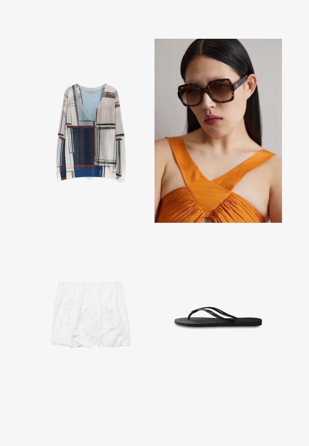 Pull léger à col en V, avec un motif géométrique multicolore en gris, bleu et rouge, et des manches longues. Texture douce.; Top blanc à épaules dénudées en tissu léger, avec broderies florales et un design froncé le long du col élastiqué.; Tongs noires avec une semelle en caoutchouc texturée, deux fines lanières et un détail de logo embossé subtil sur la lanière.; Lunettes de soleil oversized en écaille brune avec une large monture rectangulaire et des verres dégradés. Détail du logo doré sur le côté.; Sac fourre-tout en paille naturelle tissée avec des poignées en cuir tan, présentant un motif de rayures géométriques diagonales en noir et blanc. Design à ouverture supérieure.