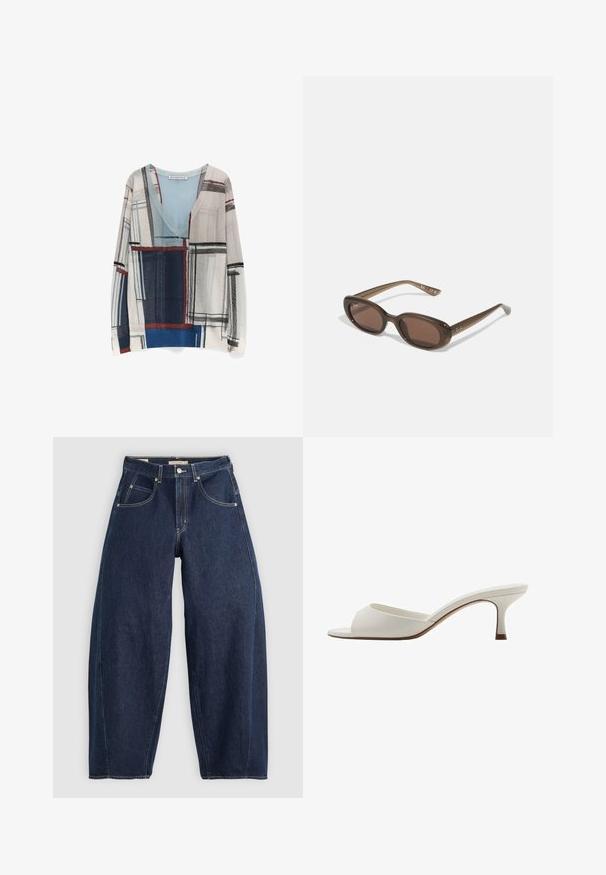 Lightweight pullover with a V-neck, featuring a multi-colored geometric print in gray, blue, and red, and long sleeves. Soft texture.; Dark blue denim jeans with a loose fit, light stitching, five pockets, and a button closure at the waistband.; White open-toed high-heeled mules with a smooth finish, minimalist design, and a slender heel, featuring a subtle brown accent on the sole.; Brown oval sunglasses with dark lenses. Frame has a transparent brown material and features a logo printed on the temples.; Green leather handbag with a smooth texture, curved shape, and braided handle. Features a zip closure and an adjustable strap.