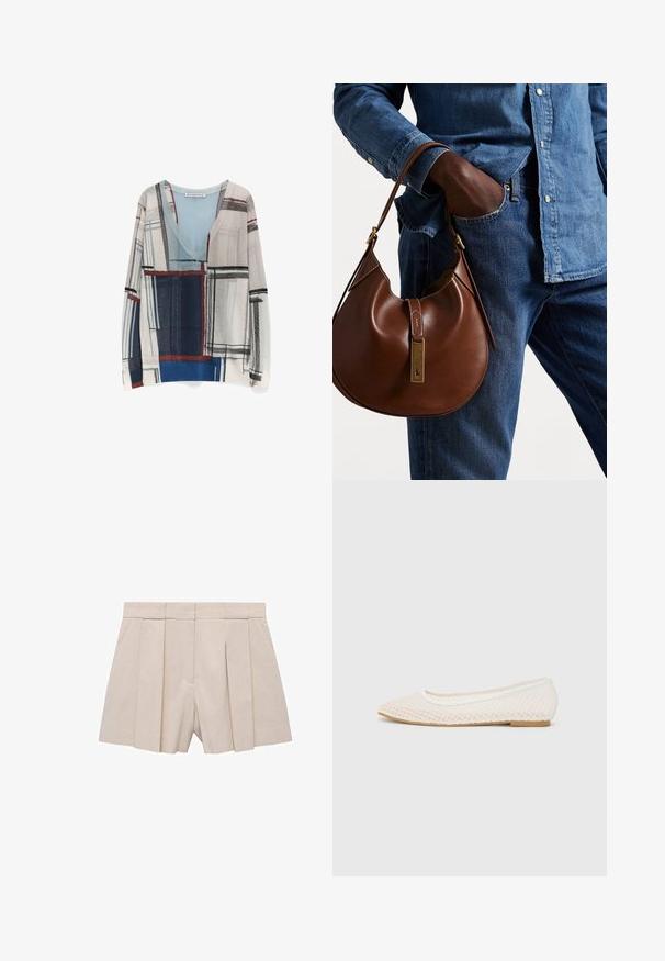 Leichter Pullover mit V-Ausschnitt, präsentiert in einem mehrfarbigen geometrischen Muster in Grau, Blau und Rot, und langen Ärmeln. Weiche Textur.; Beige gefaltete Shorts mit taillierter Passform, hoher Taille und glatter Textur. Vier vorn gelegte Falten erzeugen Volumen. Keine Taschen.; Weiße flache Schuhe mit einem Netzdesign, spitz zulaufender Zehenpartie und einer niedrigen, flachen Sohle. Strukturiertes Obermaterial mit einem glatten Innenfutter und subtilen Kontrastakzenten.; Braune Leder-Hobo-Tasche mit runder Form, ausgestattet mit goldenen Hardware-Details und kontrastierenden Nähten. Kombiniert mit einem Jeanshemd und Jeans.