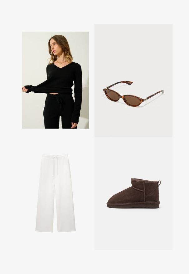Czarny sweter dzianinowy z dekoltem w serek i długimi rękawami, w zestawie z pasującymi czarnymi spodniami dzianinowymi z wiązaniem w talii i kieszeniami po bokach.; Luźne, białe spodnie o szerokich nogawkach z elastycznym paskiem w talii i sznurkiem, zaprojektowane do noszenia na co dzień.; Bianco BIASNOW brązowy; Okulary przeciwsłoneczne w kolorze żółwia z owalnymi soczewkami, brązowym szkłem, cienkimi ramionami oraz złotymi akcentami metalowymi przy zawiasach.; United Colors of Benetton - Szal; Brązowa zamszowa torba hobo z krzywym, szerokim uchwytem i dużym otworem. Miękka tekstura z widocznym szyciem wzdłuż krawędzi.