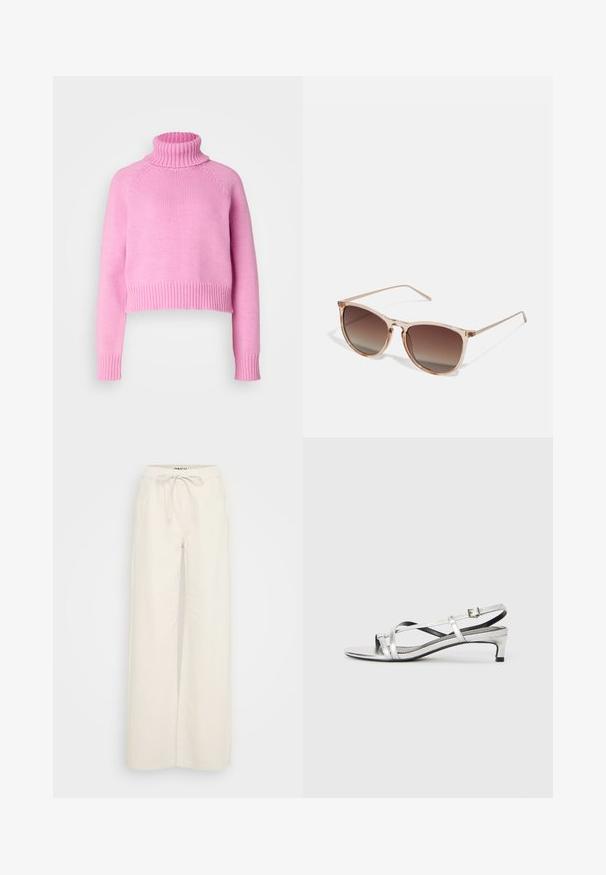Vero Moda Tall VMMIRANDA - Džemper - fuchsia pink; Laiald säärega püksid kreemjas valges puuvillakangas, millel on elastne vöökoht ja nööriga kohandatav, ning küljetaskud. Sile tekstuur, minimaalne disain.; Hõbedane metallist suss-sandaal madala kandega, millel on ristuvad rihmad ja sile tekstuur. Minimalistlik disain.; Prunade gradientiga prillid koos poolka sellest roosast raamistikust, ruudukujulised ning õhukeste metallist kätega. Omab ümarate servadega ja minimaalset detailide taset.