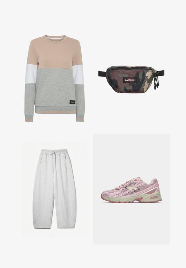 Felpa leggera con design a blocchi di colore in rosa chiaro, bianco e grigio. Collo e polsini ribattuti, con un'etichetta nera del marchio sull'orlo.; Pantaloni della tuta grigio chiaro con una vestibilità rilassata, vita elasticizzata, cordoncino e tasche laterali; realizzati in un morbido tessuto testurizzato.; Sneaker New Balance 740 in rosa e beige con tomaia in mesh e sintetico, chiusura con lacci e suola imbottita, mostrato in profilo laterale.; Marsupio camouflage realizzato in tessuto resistente, caratterizzato da una chiusura con zip, una tracolla regolabile e un'etichetta rossa con il logo Eastpak sul davanti.