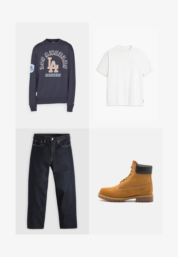 Felpa navy con ricamo in beige e bianco "LOS ANGELES DODGERS" e logo "LA". Polsini e orlo a coste, materiale in cotone morbido.; T-shirt bianca in cotone con maniche corte, scollo rotondo e un sottile logo "Levi's" stampato in colore chiaro sul davanti.; Jeans in denim blu scuro con taglio dritto, cinque tasche, cuciture arancioni a contrasto e chiusura con bottone. Nessun motivo o decorazione visibile.; Stivale alla caviglia in suede tan con collare imbottito nero, occhielli in metallo dorato, dettagli in cucitura bianca e suola in gomma robusta con battistrada pronunciato.