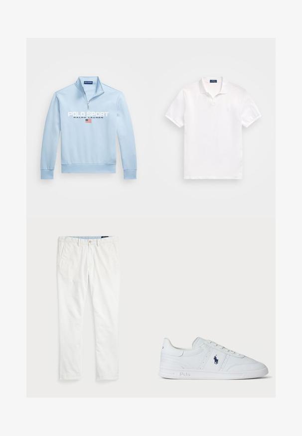 Gaiši zila zipa apkaklīte ar garām piedurknēm. Uzraksts "POLO SPORT" un "RALPH LAUREN" baltā krāsā, ar Amerikas karoga detaļu.; Balts polo krekls, izgatavots no kokvilnas, ar divu pogu aizdari, īsām piedurknēm un smalku logotipu kreisajā krūtīs. Gluda tekstūra.; Baltās kokvilnas chinos bikses ar gludu priekšu, jostu cilpām, divām sānu kabatām un vienu aizmugures kabatu. Gluda tekstūra ar taisnu kāju.; Baltas ādas sneakers ar gludu tekstūru, ar auklu aizdari, tumši zilu zīmolu sānos un izturīgu gumijas zolīti.