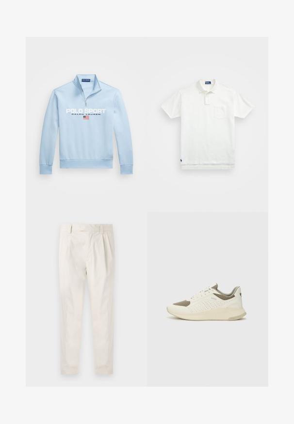 Svijetloplava dukserica s dugim rukavima i zip-kragnom. Sadrži natpise "POLO SPORT" i "RALPH LAUREN" u bijelom tekstu, uz detalj američke zastave.; Bela polo majica iz bombaža, z klasičnim ovratnikom, trojnim gumbom in žepom na levi strani prsnega predela; majhna blagovna znamka na robu.; Bele, plisirane hlače s krojenim prileganjem, z gladko teksturo, z zankami za pas in ožjimi hlačnicami. Brez vidnih žepov ali vzorcev.; Beli in svetlo bež športni copat, s mrežastim zgornjim delom, perforiranimi detajli in teksturirano srednjim delom z blagovno znamko na peti.