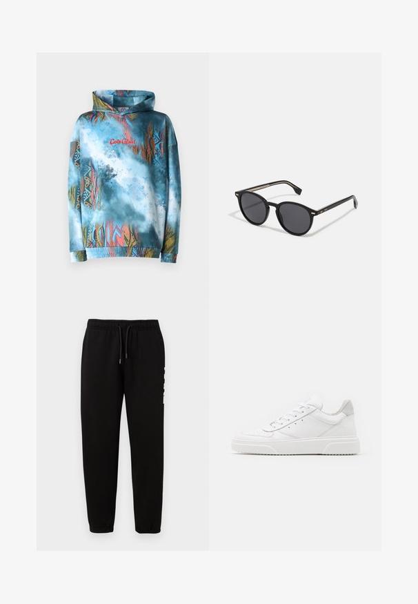 Hooded sweatshirt featuring a blue and multicolored abstract pattern. Smooth fabric, elastic cuffs and hem, with red text design.; KARL LAGERFELD PANTS - Tracksuit bottoms - black; White leather sneakers with a smooth finish, rounded toe, flat laces, and a textured sole. Grey suede accent at the heel.; BOSS Sunglasses - black