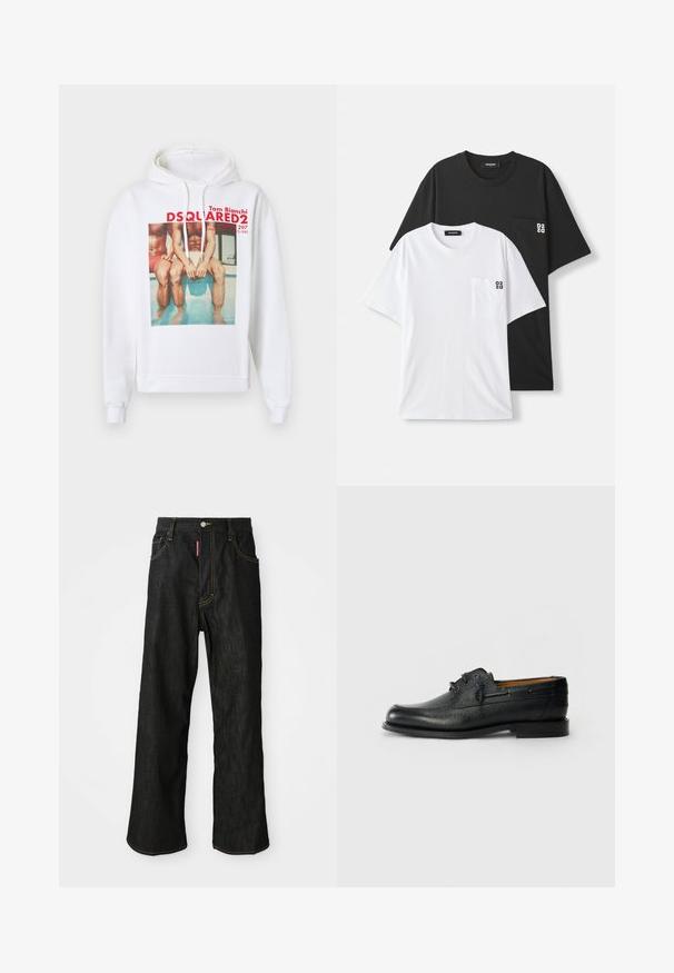 Felpa con cappuccio bianca con stampa grafica frontale di due figure sedute vicino a una piscina. Il design include testo rosso con dettagli del marchio e dell'artista.; Due t-shirt esposte: una nera e una bianca, entrambe a manica corta e con una piccola tasca sul petto. Loghi presenti sulla tasca.; Jeans neri a gamba dritta con cuciture gialle, design a cinque tasche, chiusura con bottone e un piccolo etichetta rossa sulla tasca anteriore destra.; Scarpa in pelle nera con superficie testurizzata, punta rotonda e design con lacci a due fori. Presenta una suola piatta e un branding minimalista sul lato.