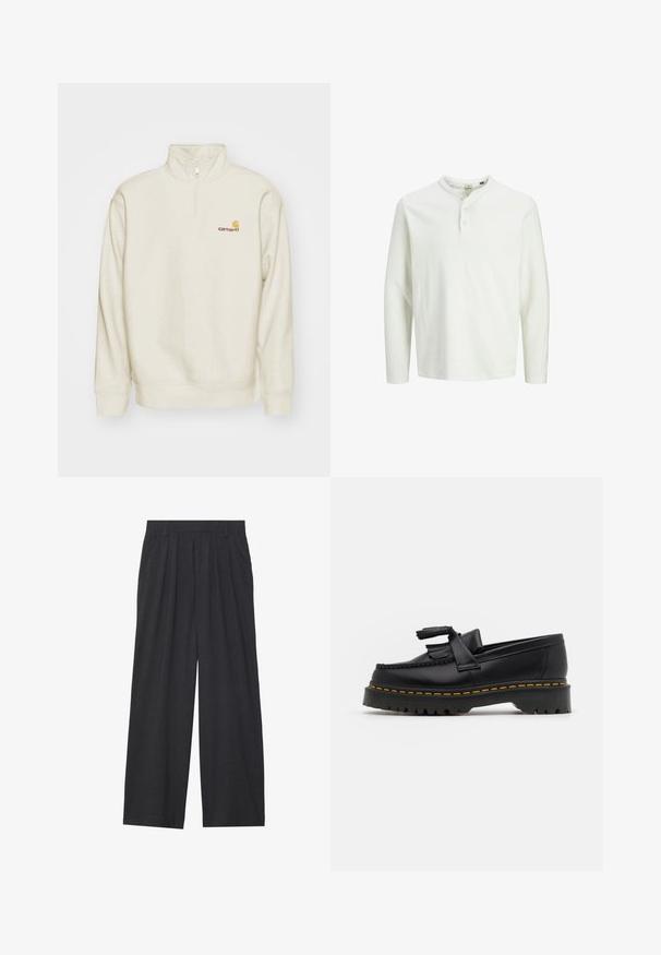 Maglione crema con colletto alto, zip a metà e polsini a costine. Presenta un piccolo logo arancione e rosso sul petto.; Camicia henley bianca a maniche lunghe con tre bottoni e scollatura rotonda, esposta su uno sfondo bianco semplice.; Pantaloni a gamba larga realizzati in tessuto grigio scuro. Presentano pences in vita, un design sartoriale e una silhouette dritta.; Mocassino in pelle nera con un'accento a frange, dotato di una suola nera spessa e cuciture gialle lungo il bordo. Finitura testurizzata.