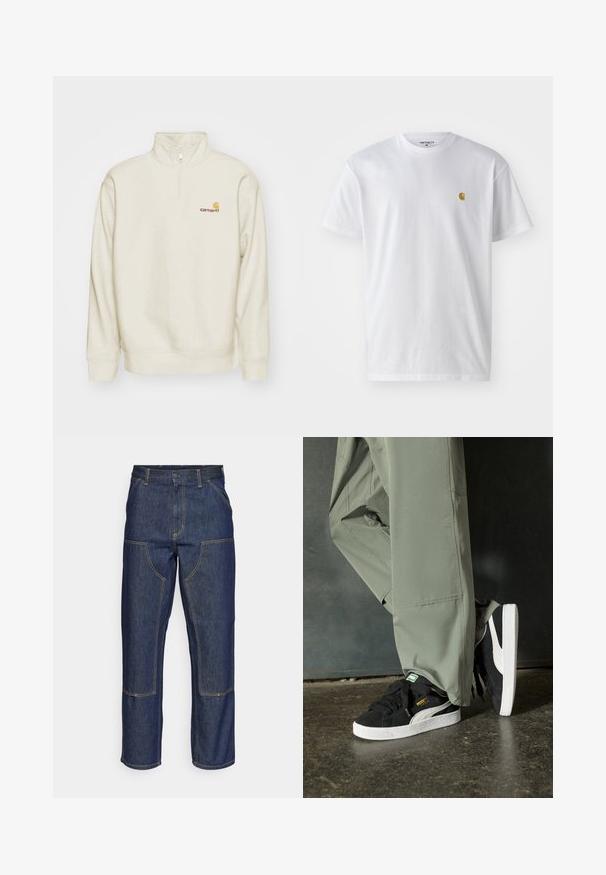 Cream-colored pullover sweatshirt with a high collar, half-zip, and ribbed cuffs. Features a small orange and red logo on the chest.; White cotton t-shirt with short sleeves, crew neck, featuring a small gold logo on the left chest area. Soft texture and regular fit.; Dark blue denim jeans with a high waist, straight leg design, contrasting stitching, and patch pockets on the front.; Black suede sneakers with white rubber soles and side stripes, paired with light green cargo pants, standing on a textured dark surface.