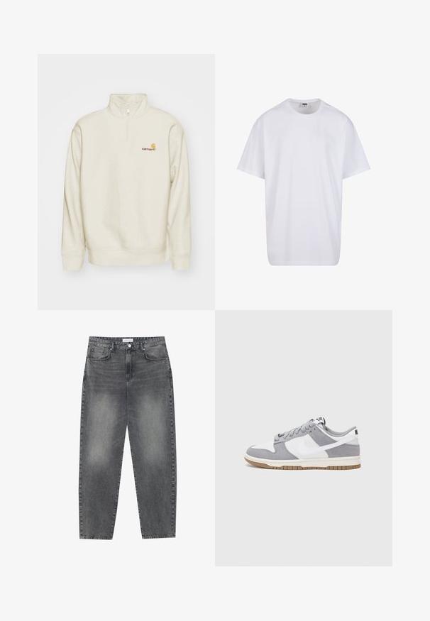 Cremefarvet pullover sweatshirt med høj krave, halvlukning og ribstrikkede manchetter. Har et lille orange og rødt logo på brystet.; Hvid bomulds t-shirt med korte ærmer, rund halsudskæring, afslappet pasform, og ingen synlige logoer eller mønstre. Glat tekstur og minimalistisk design.; Høj talje, løstsiddende jeans i falmet sort denim. Har fem lommer, bæltestropper og et rent, lige ben design.; Grå og hvid sneaker med en overdel i ruskind og læder, rund tå, flade snørebånd og en gummisål med en gummifarvet detalje.