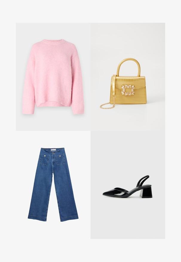 Gina Tricot BOXY SWEATER - Svetrík - lilac sachet; Džínsy s širokými nohavicami v stredne modrej farbe, s dvoma prednými vreckami na gombíkovné zapínanie a šitými detailmi pozdĺž lemov.; Čierne lakované kožené sandálové podpätky s špicatou špičkou a geometrickým blokovým podpätkom. Disponujú elegantným, minimalistickým dizajnom a hladkým povrchom.; Žltá falošná krokodília kabelka so štruktúrovaným dizajnom, horným držadlom, odnímateľným reťazovým popruhom a dekoratívnym kryštálovým ozdobením na zapínaní.