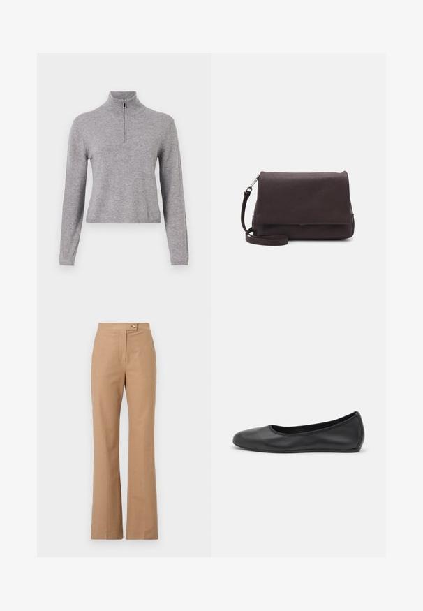 Sivi pleteni pulover s visokim ovratnikom i prednjim patentnim zatvaračem. Ima dugačke rukave i kratki kroj. Glatka tekstura i rebrasti rub.; Košulja na gumbe od mekog ružičastog materijala koja sadrži geometrijski uzorak dijamanata i trokuta u prigušeno sivoj i crnoj boji. Dugi rukavi, klasičan ovratnik.; Bežani krojeni hlače s proširenim siluetom, izrađene od glatkog materijala, s prednjim kopčanjem na dugme i dva bočna dzepa.; Crne kožne baletanke s zaobljenim vrhom, glatke teksture, minimalnim detaljima šavova i fleksibilnim dizajnom potplata.; Tiger of Sweden LIMBIATE UNISEX - Torba preko tijela - pure decadence