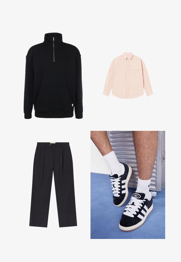 Zwarte sweatshirt met rits en lange mouwen, zachte textuur, een voorzak en een klein groen logo aan de onderrand.; Lichtroze overhemd met lange mouwen, gemaakt van zachte stof, met een button-down kraag, een borstzak en een subtiel geborduurd logo op de borst.; Op maat gemaakte donkerblauwe broeken met een hoge taille, twee voorplooien, knoopsluiting en rechte pijpen in een soepele stof.; Zwarte suède sneakers met witte veters en drie witte strepen. Heeft een cirkelvormig zwart logo op de tong en een gumrubberen zool.