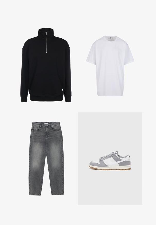 Sudadera negra con cremallera en el cuello, de mangas largas, con textura suave, un bolsillo frontal y un pequeño logo verde en el dobladillo.; Camiseta blanca de algodón con mangas cortas, cuello redondo, corte relajado y sin logotipos ni patrones visibles. Textura suave y diseño minimalista.; Jeans de cintura alta y corte holgado en denim negro desgastado. Con cinco bolsillos, pasadores para el cinturón y un diseño de pierna recta y limpia.; Zapatilla gris y blanca con parte superior de ante y cuero, puntera redondeada, cordones planos y suela de goma con un acento de goma.