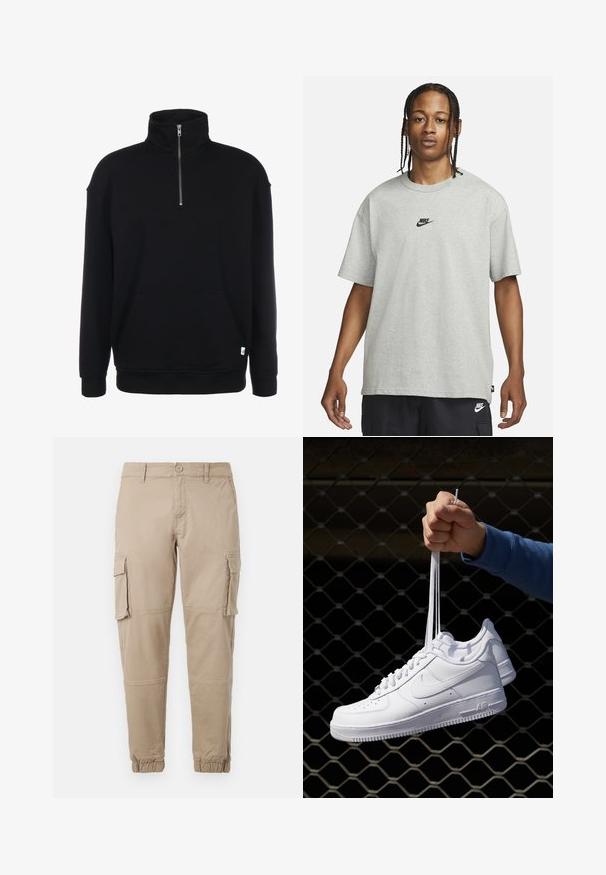 Felpa nera con zip al collo, maniche lunghe, texture morbida, tasca frontale e un piccolo logo verde sull'orlo.; Giovane con capelli intrecciati che indossa una maglietta Nike grigia chiara e pantaloni Nike neri su uno sfondo bianco semplice.; Pantaloni cargo beige in un leggero cotone. Presentano polsini elasticizzati, molteplici tasche laterali e una chiusura con bottone.; Sneakers in pelle bianca con perforazioni, punta rotonda, suola piatta e lacci spessi, con logo swoosh visibile e "AIR" sul tallone.