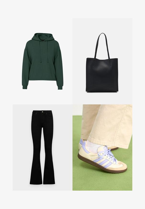 Sudadera verde, hecha de una suave mezcla de algodón, cuenta con una capucha amplia, cordones, hombros caídos y puños de punto. Diseño simple, sin patrones.; Jeans negros de cintura alta con cierre de botón y cremallera, bolsillos frontales y piernas acampanadas, dispuestos sobre un fondo blanco.; Zapatillas de crema y lavanda con tres rayas y una suela marrón texturizada, que cuentan con cordones y un talón acolchado. Parte superior de tela suave.; Bolso tote de cuero negro con textura lisa, forma rectangular y dos asas largas. Sin herrajes ni adornos visibles.