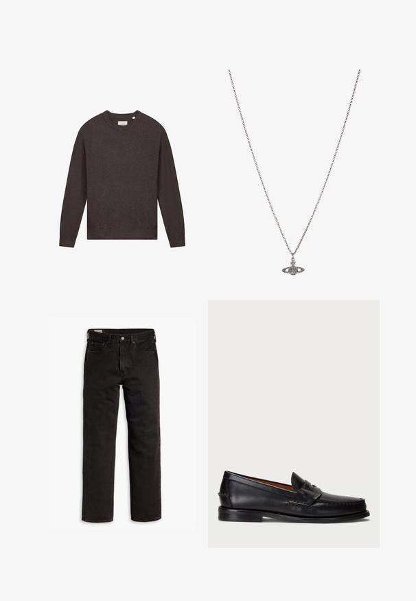 Ei õnnestunud genereerida alternatiivset teksti.; Mustad sirgedega teksapüksid viie taskuga, nööpidega kinnitamine ja vöökohaga, lamab tasasele valgele taustale.; Mustad mustad nahast loafers, ümmarguse varbaga, õmblustega kaunistused ja dekoratiivne rihm esiosas. Lame talla minimalistik profiil.; Hõbedane kettkaelakee, millel on detailselt kujundatud pendel, mis on planeedi kuju, kaunistatud väikeste aktsentide ja keerukate mustritega.