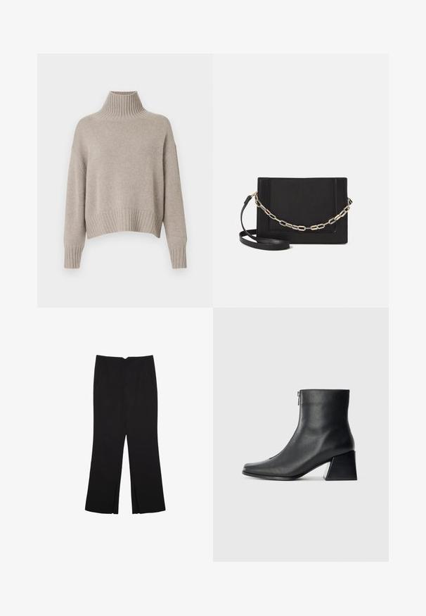 Beżowy sweter wykonany na drutach z wysokim prążkowanym kołnierzem, opadającymi ramionami i prążkowanym dołem, charakteryzujący się miękką fakturą i luźnym krojem.; Czarne spodnie o prostym kroju, z przednimi kieszeniami i bocznymi rozcięciami na dole. Wykonane z miękkiego, gładkiego materiału. Odpowiednie na różne okazje.; Czarne skórzane botki za kostkę z kwadratowym noskiem, bocznym zamkiem błyskawicznym i słupkowym obcasem na jasnym tle.; Czarna skórzana torebka typu crossbody z gładką teksturą, prostokątnym kształtem oraz metalowym detalem w postaci łańcuszka z przodu. W zestawie regulowany pasek.