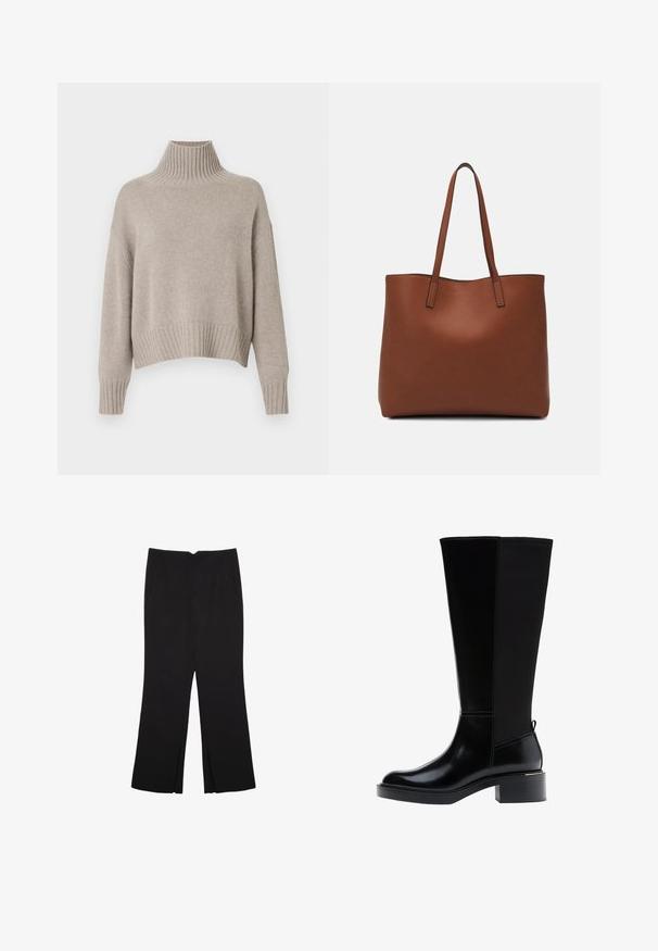 Beige pletený svetr s vysokým vroubkovaným límcem, spadlými rameny a vroubkovaným lemem, který se vyznačuje jemnou texturou a uvolněným střihem.; Černé kalhoty s rovným střihem, s předními kapsami a bočními rozparky na lemu. Vyrobené z jemné, hladké tkaniny. Vhodné na různé příležitosti.; Černá kozačka ke kolenu z hladké kůže, s výrazným prošíváním, robustním podpatkem a texturovaným zadním panelem pro větší zajímavost.; Hnědá kožená taška přes rameno s hladkou texturou, otevřeným designem a dvěma ramenními popruhy. Obsahuje minimální švy a žádné viditelné kovové prvky.